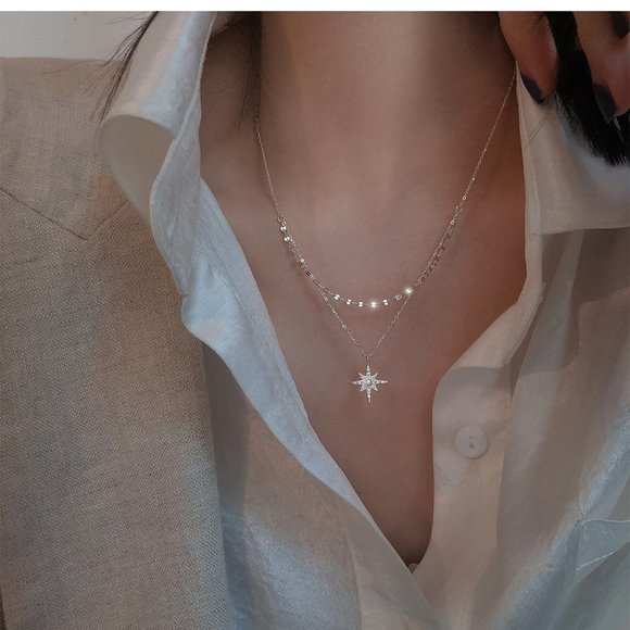 #NEW 925 Sterling Silver Diamond Pearl Star Double Layer Necklace - Picture 2 of 7